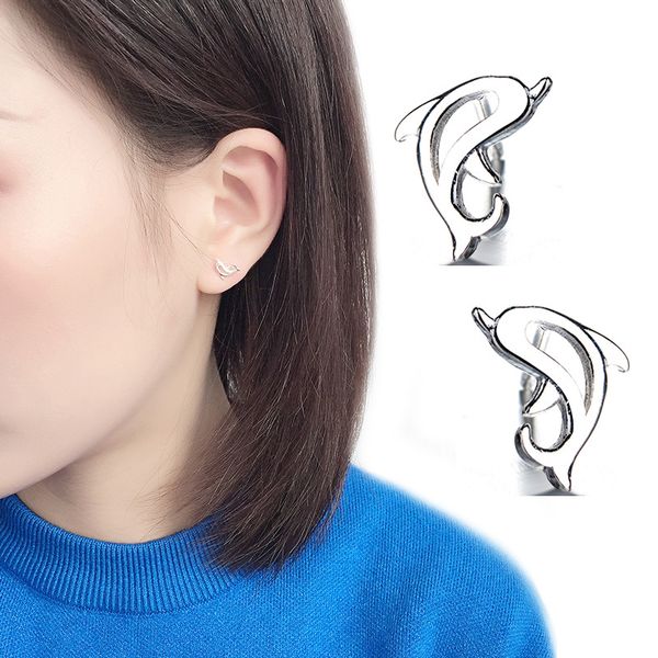 

925 solid sterling silver piercing animal dolphin stud earrings for women girls wedding party gift femme jewelry eh1031, Golden;silver