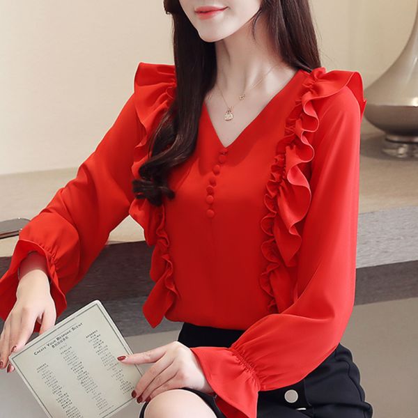 

women's blouses & shirts fashion long sleeve chiffon ruffle v-neck office shirt, White