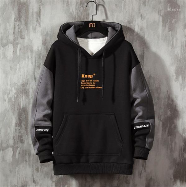 

stitching plus cashmere mens hooded pullover mens fashion sportswear sports fitness long sleeve hooded contrast, Black