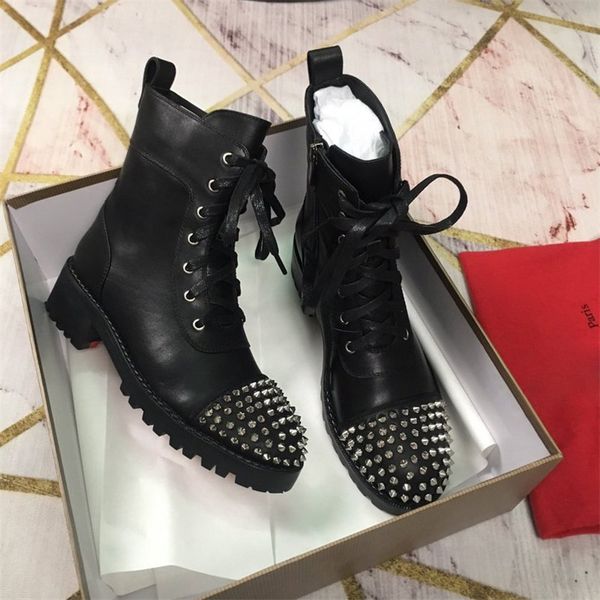 

women martin boots calfskin leather spikes rivet boot lace up ankle bottom bottes booties australie bottines snow boots 6, Black