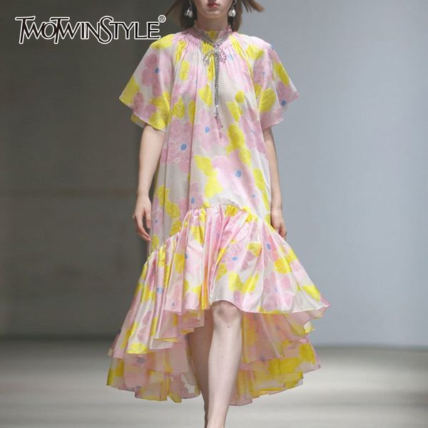 

twotwinstyle elegant print women dress stand collar butterfly short sleeve high waist irregular hem hit color dresses for female, Black;gray