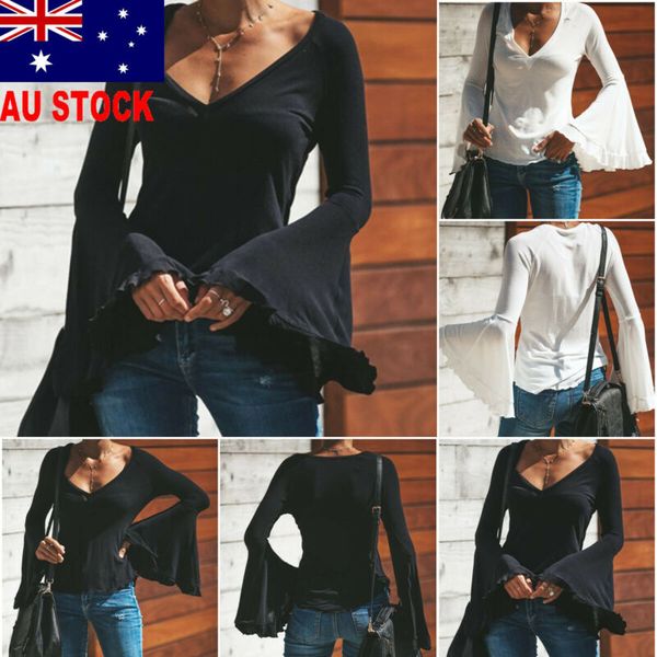 

fashion bohemian female blouse boho women summer solid shirt long sleeve blouse beach bell shirt tee, White