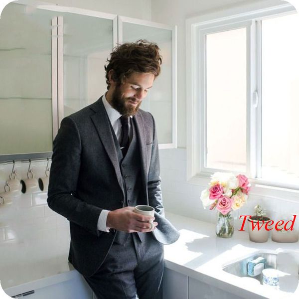 

custom made grey harringbone tweed men suits khaki wool peaked lapel slim fit groom wear male blazer smoking jacket 3pieces costume homme, Black;gray