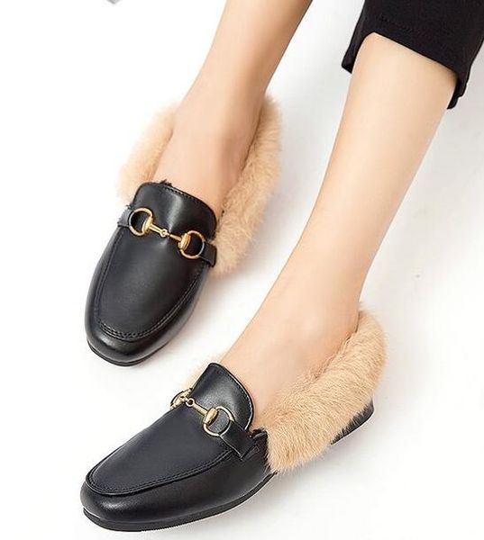 

italy brand designers slides designe2019r shoes loafers ladies casual slippers genuine leather sandals fur slippers, Black