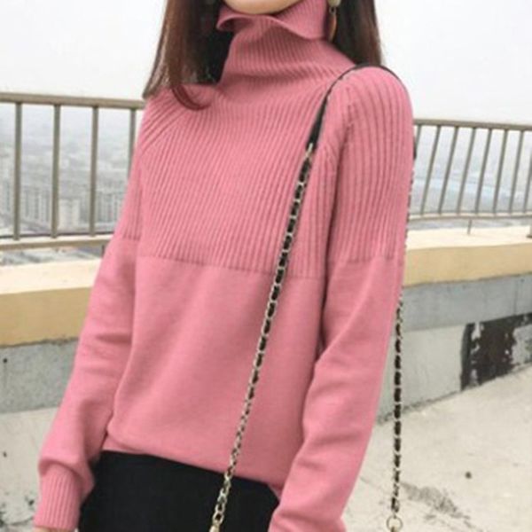 

2019 fall new women turtleneck sweater pullover black pink knitted slim sweaters winter casual sweater jumper top, White;black