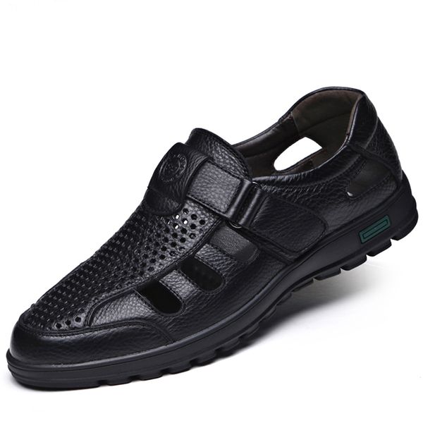 

leather men summer sandals breathable casual shoes men hollow sandals soft moccasins shoes, Black