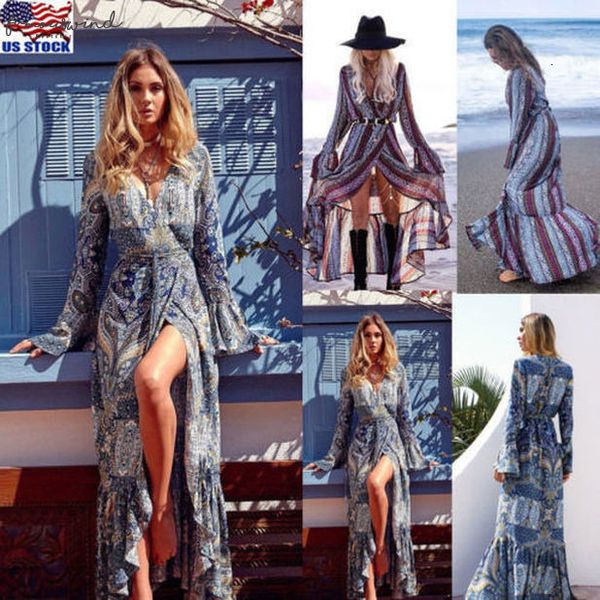

2020 women summer boho chiffon v neck party evening beach dresses long maxi dress sundress, Black;gray