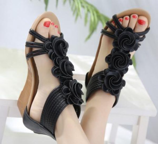 

2019 women's sandals in summer with new style slope heel flower @16, Black