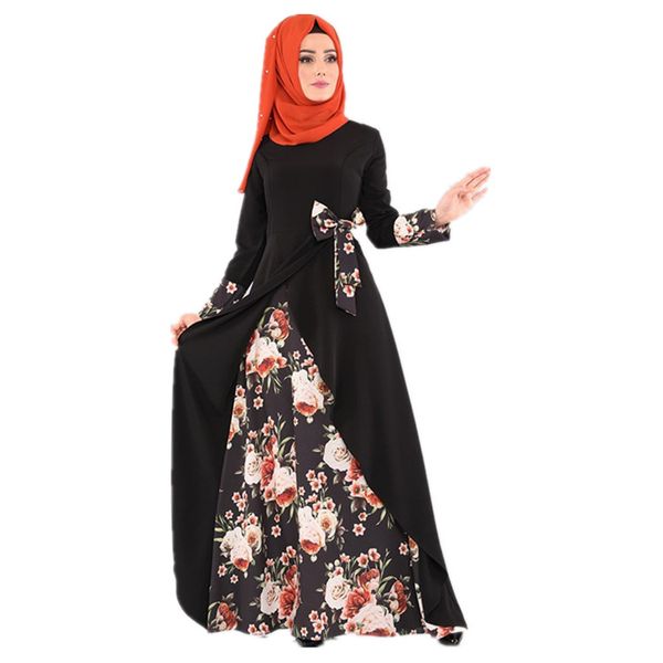 

ramadan elegant muslim dress patchwork bow printed arab robe turkish abaya dubai women dresses islamic clothing hf1105, Red