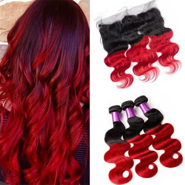 2019 Black Roots Red Ombre Human Hair Weave Bundles With Frontal