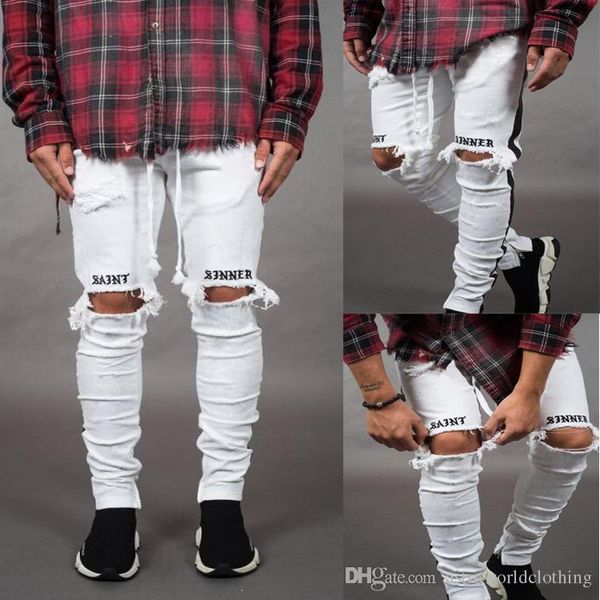 

mens new jeans white black holes ripped striped skinny pencil pants slim fit represent jeans, Blue