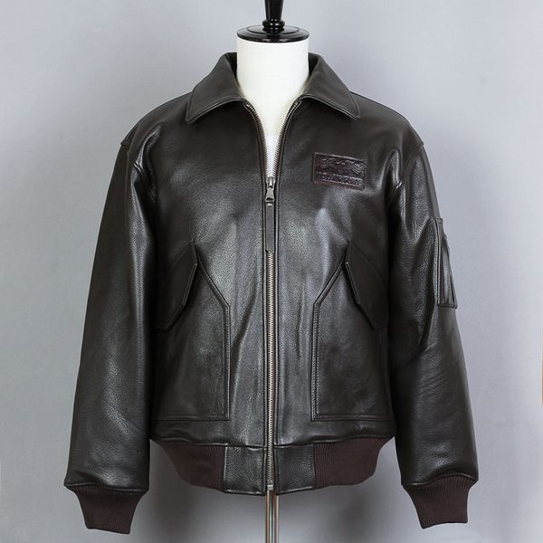 

2018 genuine leather jacket men brown cowhide bomber jacket a2 flight for men solid motorcycle winter coat, Black
