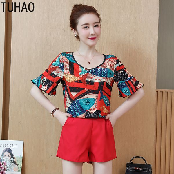 

tuhao 2019 streetwear female summer two-piece suit large size 5xl 4xl 3xl red fish vintage shirt shorts 2 piece set women lz121, White