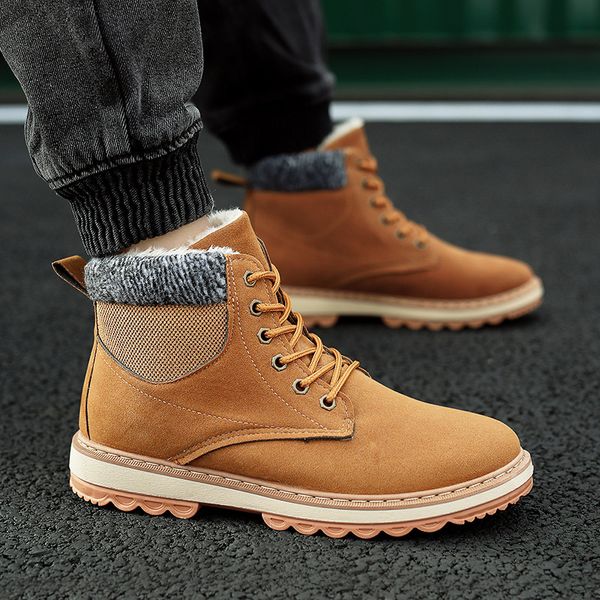 

2019 winter plush men snow boots suede lace-up cotton shoes fashion ankle boots male sneakers outdoor work shoes, Black
