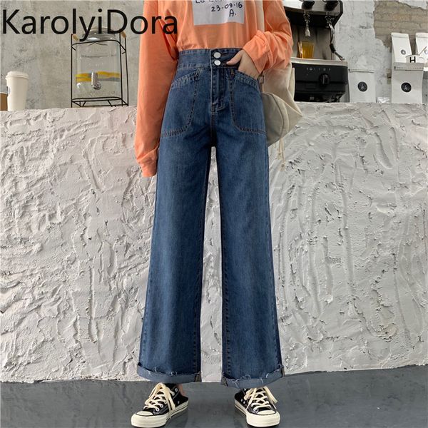 

2020 spring new style high waist retro pocket design denim wide leg pants, Blue