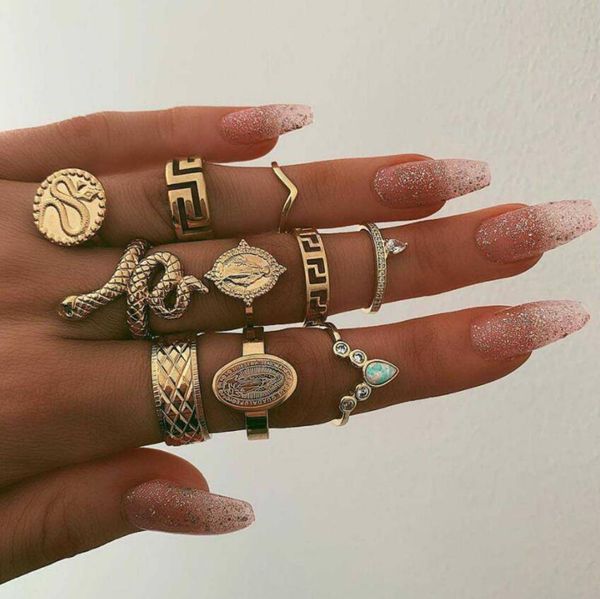 10 pçs/set Vintage Boho Snake Cristal Anéis de Dedo Conjunto Punk Bohemian Buda Estátua Anel de Pedra para Mulheres Festa Jóias Presente Frete Grátis