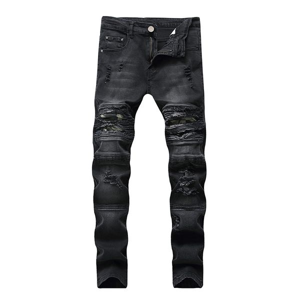 

european and american men's jeans high street knee hole black slim elastic small straight motorcycle washed trousers, Blue