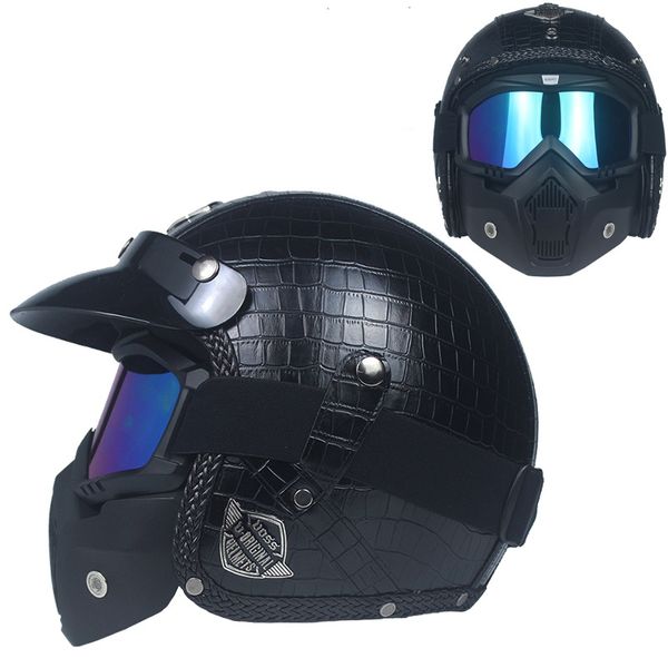 

vintage 3/4 leather for motorcycle helmet open face chopper bike helmet motorcycle moto motocros with visor