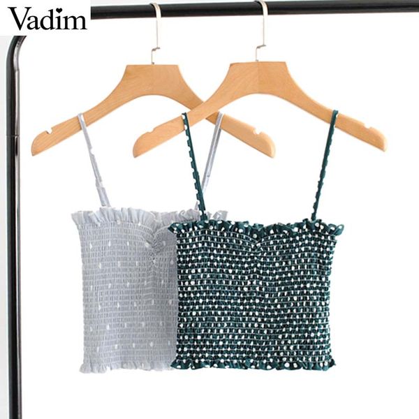 

vadim women polka dots short style blouse sleeveless ruffles elastic pleated female casual sweet chic summer blusas wa369, White