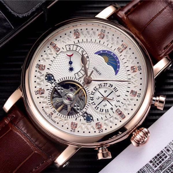 

brand mens watches luxury designer mechanical automatic genuine leather strap diamond dial daydate moon phase watch for men gift, Slivery;brown