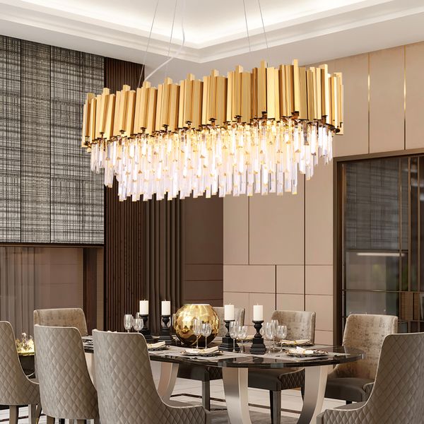 Luxury Rectangle Re Crystal Chandelier For Dining Room Modern Chandeliers Lighting Gold Polished Steel Hanglamp Kitchen Island Lamp