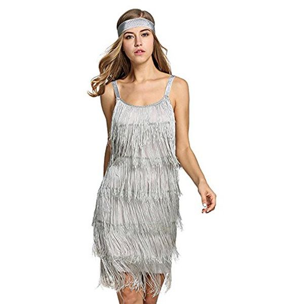 

palove women tassels straps dress fashion glam party dress gatsby fringe flapper costume with headband s-xl, Black;gray