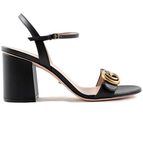 

branded women leather 7.5cm high heel sandal designer lady gold-toned hardware adjustable ankle strap rubber sole casual sandal, Black