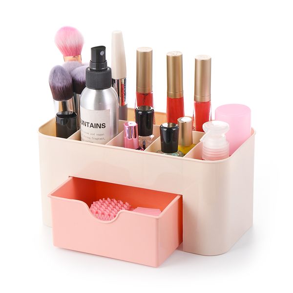 

deskplastic makeup organizer make up brush storage box with drawer cotton swabs stick pink blue green color