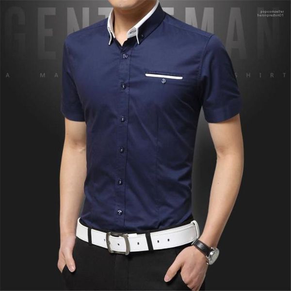 

короткие рукава мужские повседневные рубашки бизнес подросток красивый топы лацкан шеи тонкий сплошной цвет мужские рубашки с карманами, White;black
