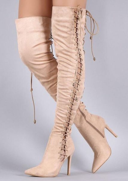 

sestito 2019 women solid beige lace-up over-the-knee boots female pointed toe high heels party runway shoes lady thigh high boot, Black