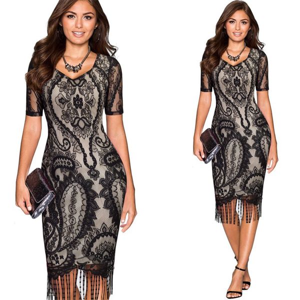 

2020 spot lace dress v-neck short sleeve fringed hem bag hip dress, White;black