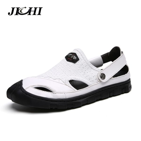 

2019 men sandals summer genuine leather handmade outdoor casual beach slipper men shoes anti- footwear breathable sandals, Black
