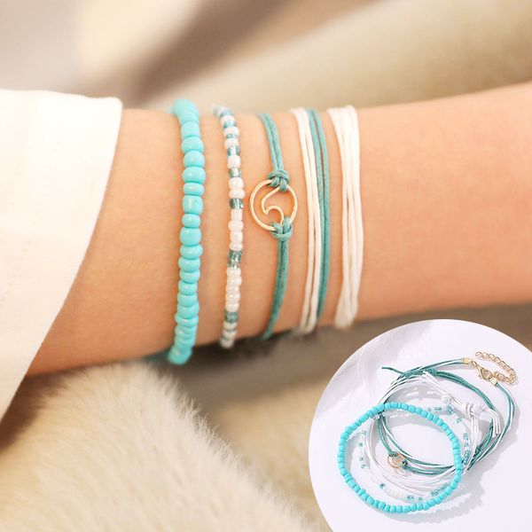 

5 pieces weave strand surfing bead bracelet set boho enthic handmade adjustable friendship bracelet handcrafted jewelry women, Golden;silver