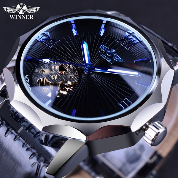 

winner blue ocean geometry design transparent skeleton dial mens watch brand luxury automatic fashion mechanical watch clock cj191213, Slivery;brown