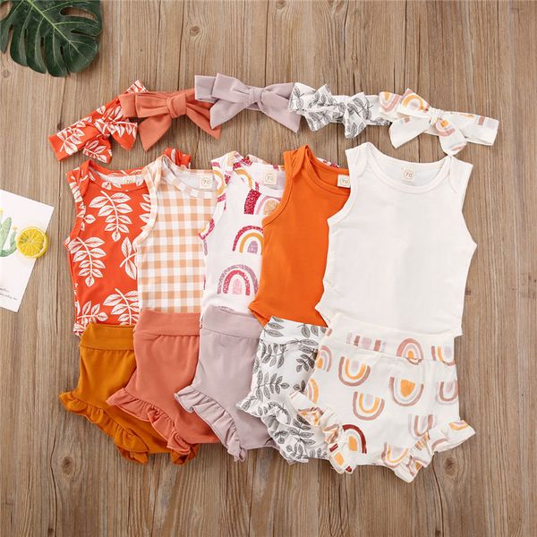 

clothing sets 3pcs toddler baby boys girls summer sleeveless rompers+ruffles print high wasit shorts+headband infant cotton outfits, White