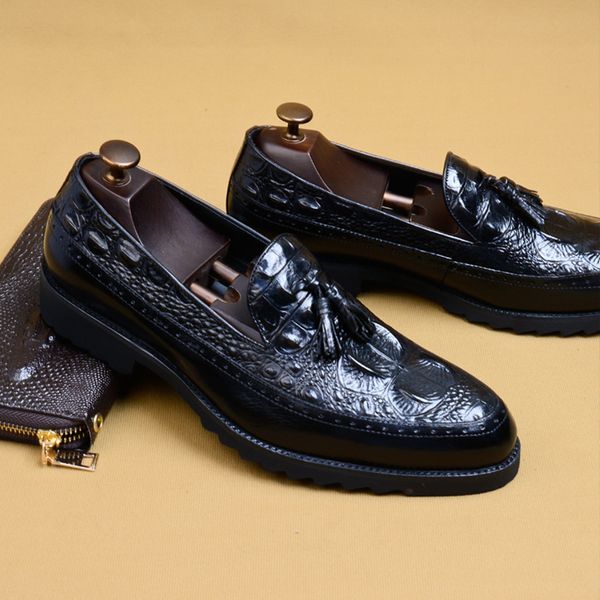 

phenkang mens leather shoes genuine leather oxford shoes for men luxury dress slipon wedding brogues, Black