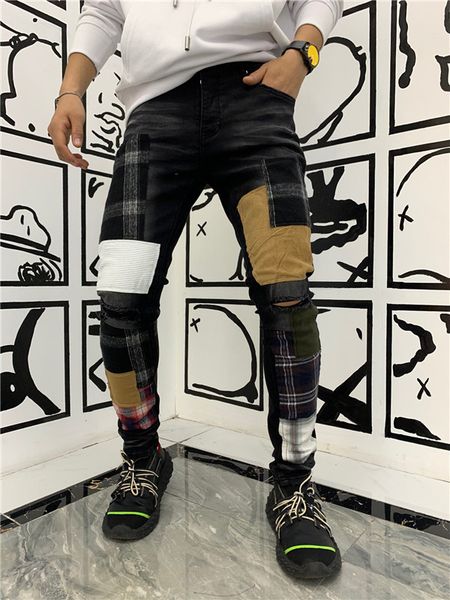 

french style fashion men's jeans blue color skinny fit spliced ripped jeans high street destroyed biker men5