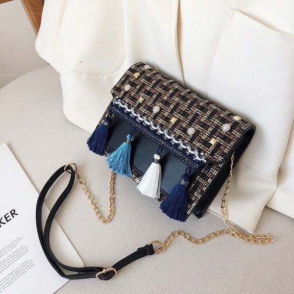 

мини кожа сумка с цепочкой моды кисточкой crossbody сумки для женщин малый закрылков посланник сумки weave тыльная сторона boho