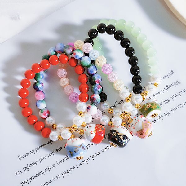 

korean fashion natural stone colorful crystal beads bracelet bangle for women cute ceramic cat pendant charms bracelet jewelry, Golden;silver