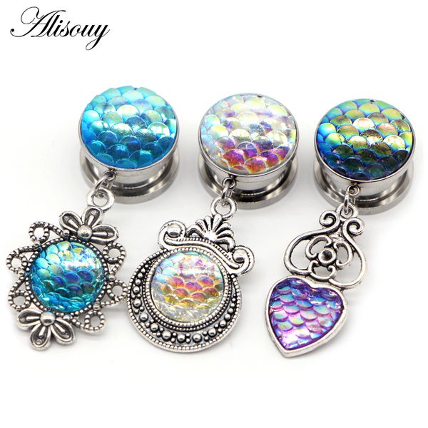 

alisouy 2pcs stainless steel screw dangle ear plugs tunnels fish scales ear expander piercing gauges stretchers body jewelry, Slivery;golden