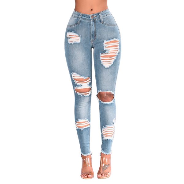 

ripped jeans for women fashion casual jeans denim hole female high waist stretch slim pencil pants jeansy damskie #ss, Blue