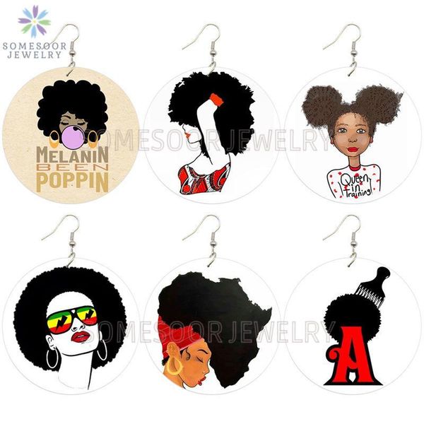 

somesoor melanin been poppin african wooden drop earrings afrocentric ethnic queen bubble gum girl design jewelry for women gift, Silver