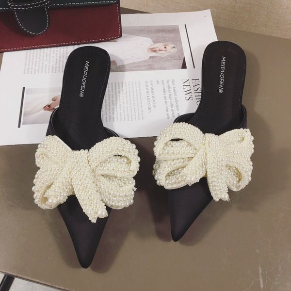 

slippers women sandals pearl bow pointed toe flat spring summer flat with lazy cool ladies beach shoes mules shoes women 2019, Black