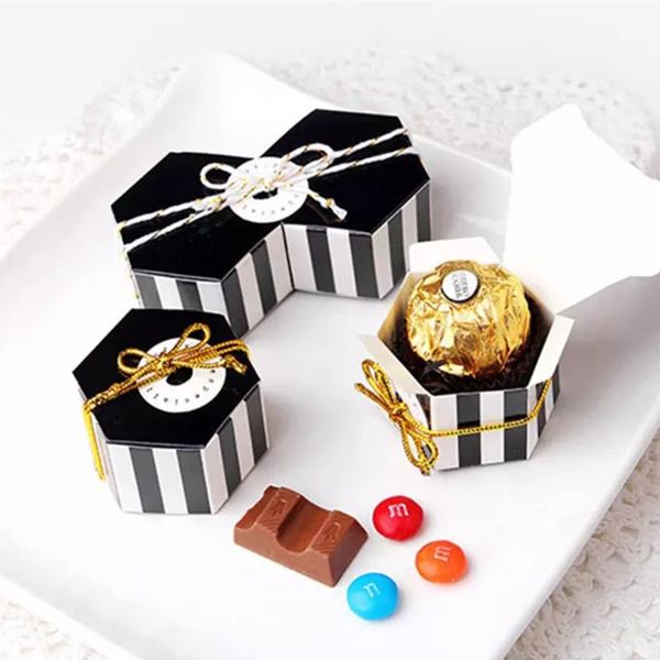 

hexagon candy box bulk with gold ribbon and round card,black stripes,pack of 50 gxma