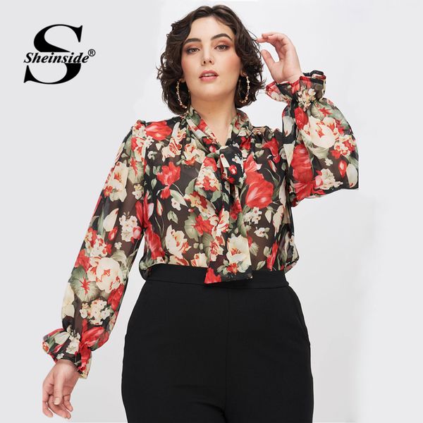 

sheinside plus size casual floral print tie neck blouse women 2019 autumn flounce sleeve chiffon blouses ladies elegant top, White