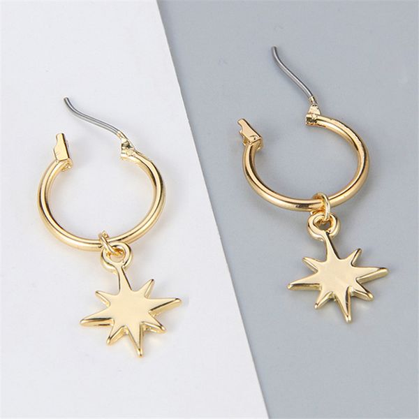 

hoop & huggie romantic small geometric round star alloy earrings for women minimalist plain gold color piercing, Golden;silver