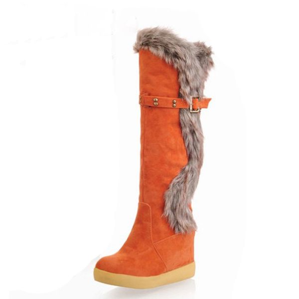 Высокие каблуки клинья снега сапоги для женщин Теплый меховой зима обувь Колено высокого меха кролика платформы Knight Boots для женщин