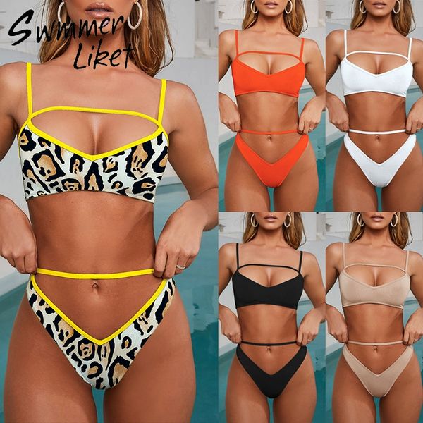 

v bottom thong bikinis 2019 mujer bathing suit leopard yellow swimsuit female bathers string push up swimwear summer swim, White;black