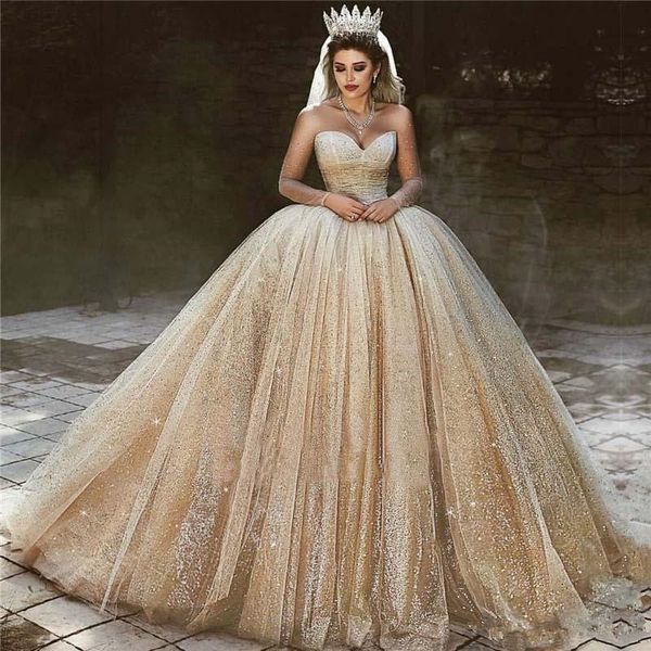 

arabic gold lace ball gown wedding dresses sparkling tulle applique sequins ruched sweep train bridal wedding gowns bc0953, White