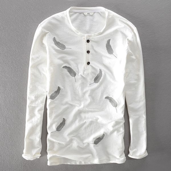 

2017 autumn new men's long-sleeved t-shirt round neck feather embroidery t shirt men cotton casual mens tshirt brand clothing, White;black